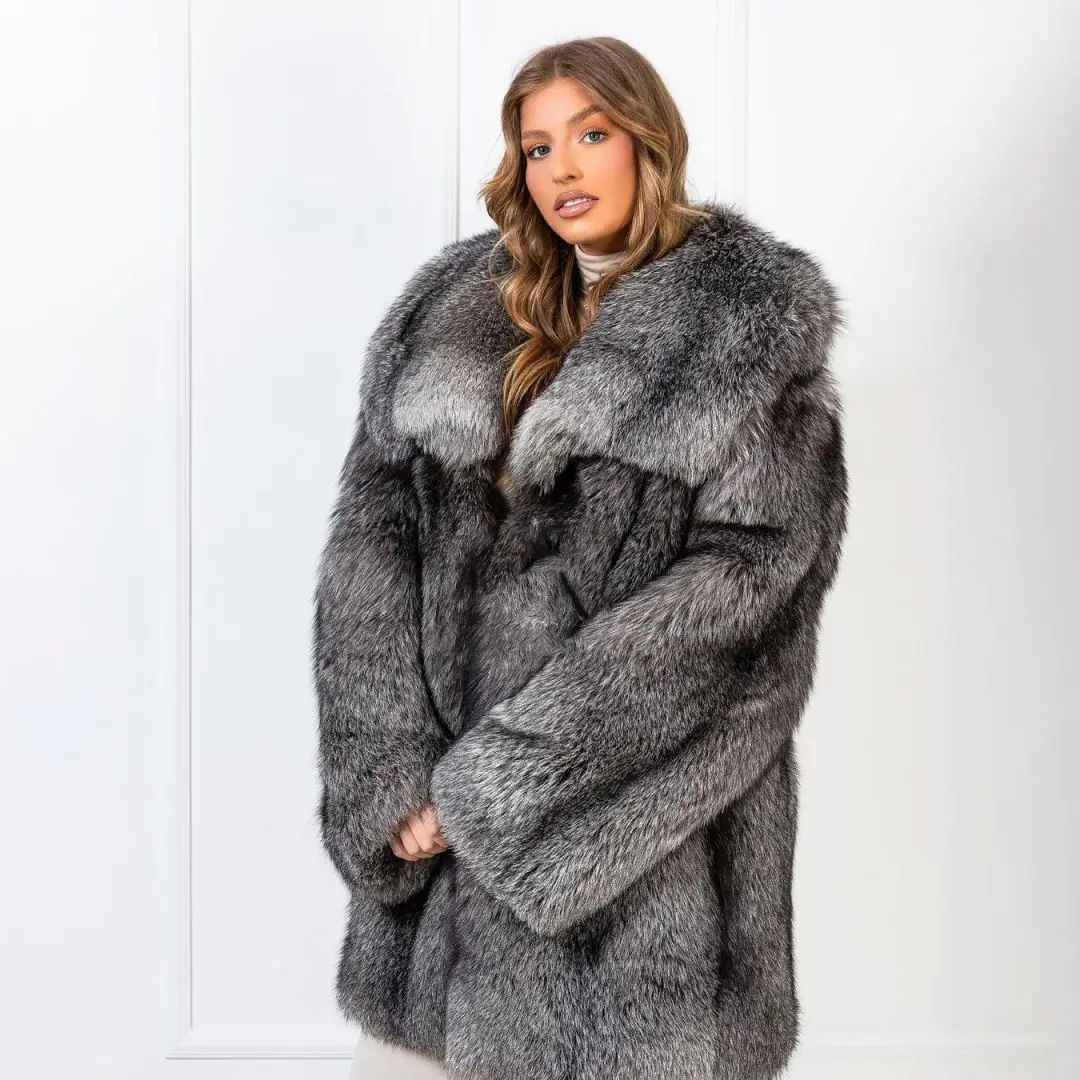 Medium Length Real Silver Fox Fur Coat with Big Turn-down Collar High Quality Women Genuine Silver Fox Fur Jacket Wholeskin