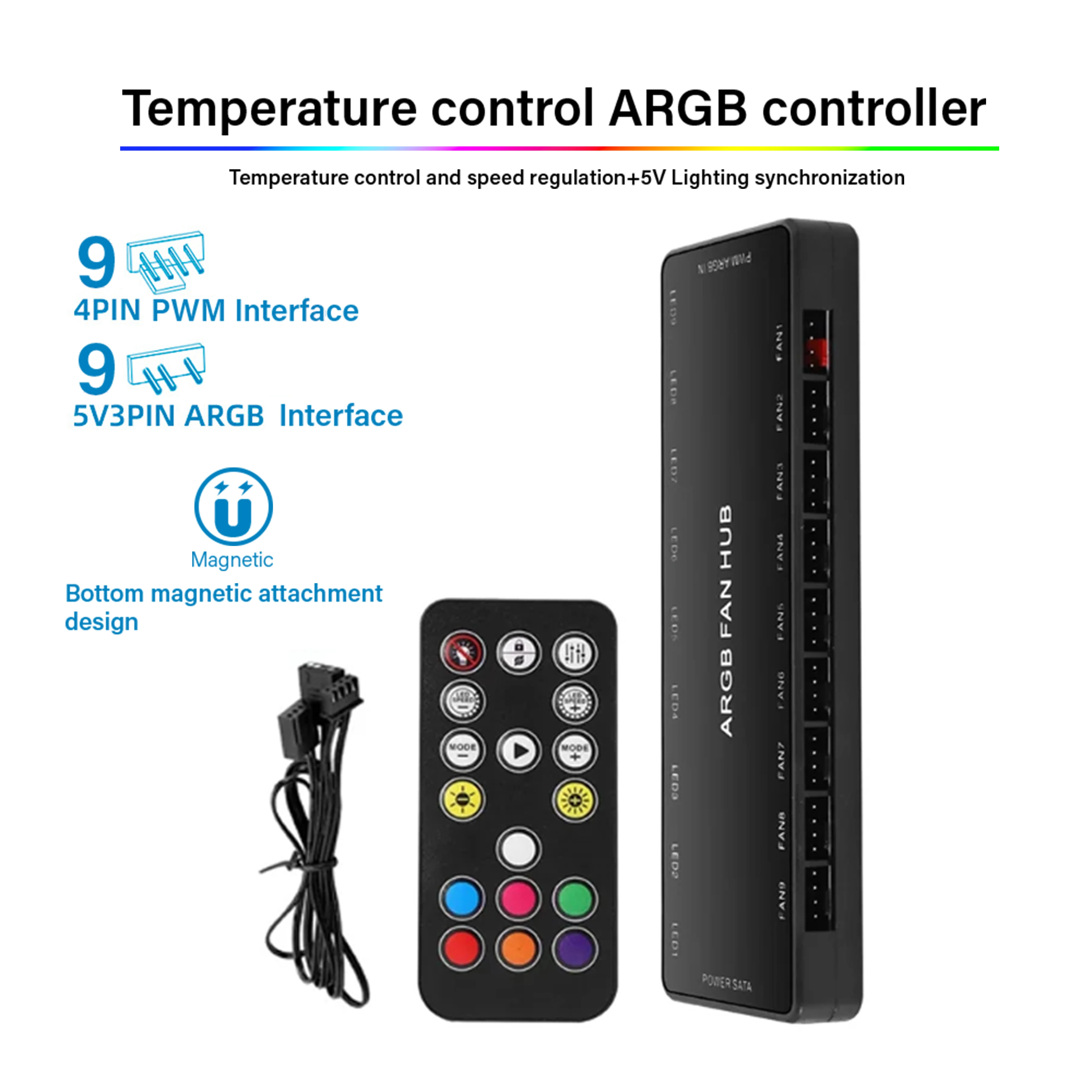 

9-портовый контроллер вентиляторов ARGB PWM с пультом ДУ, регулировкой температуры и магнитным креплением для ПК – обычный/с дистанционным управлением