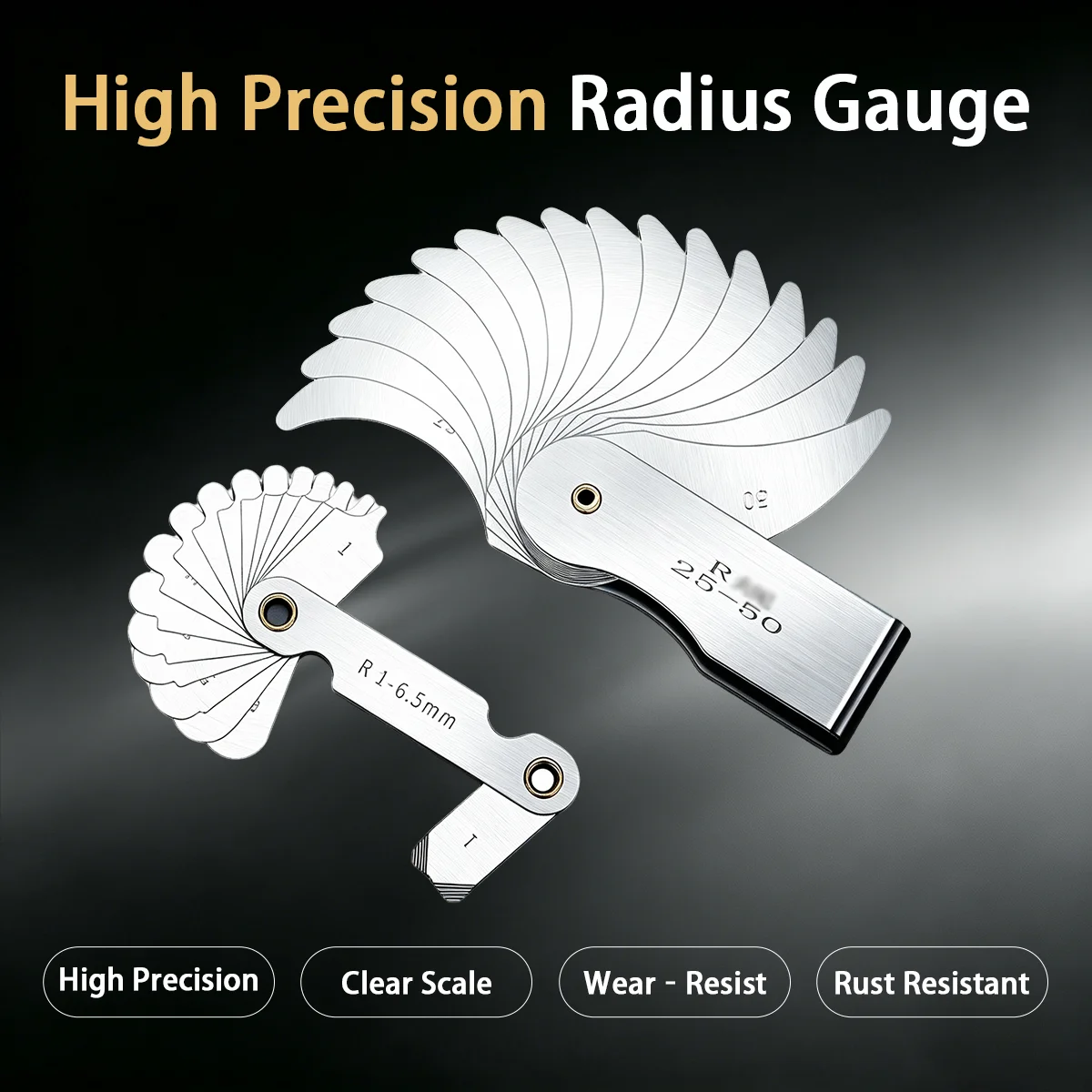 Professional Radius Fillet Gauge Tool R1-100mm, Radius Gauge, Portable Concave Convex External Internal Arc Measuring Tool