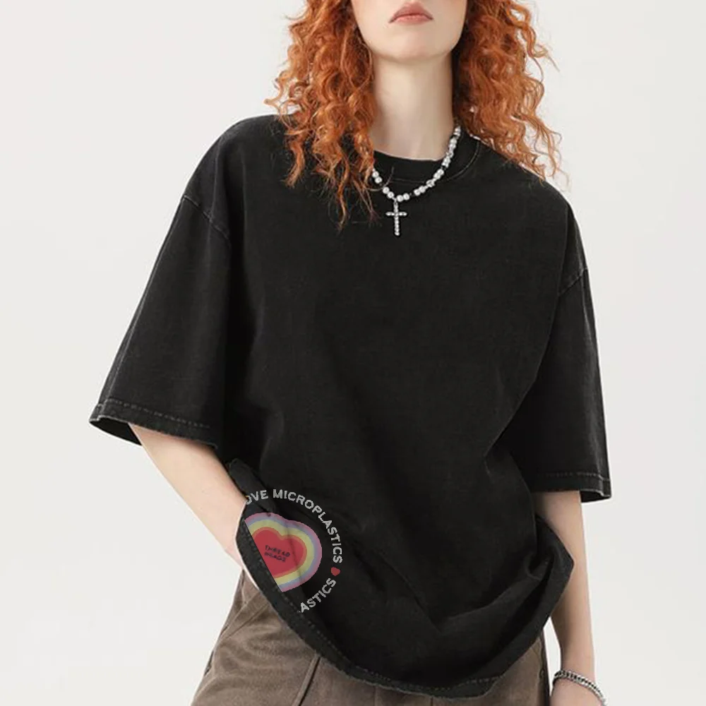 

Eco Conscious Summer Washed Cotton Print T shirt Heart Print Casual Loose Short Sleeved Trendy Unique Charming Attractive Top
