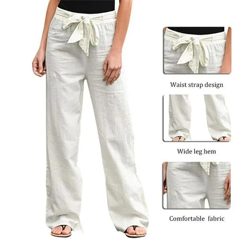 Pantaloni estivi in cotone e lino da donna in vita elastica Pantaloni larghi oversize alla caviglia a vita alta Pantaloni casual in tinta unita