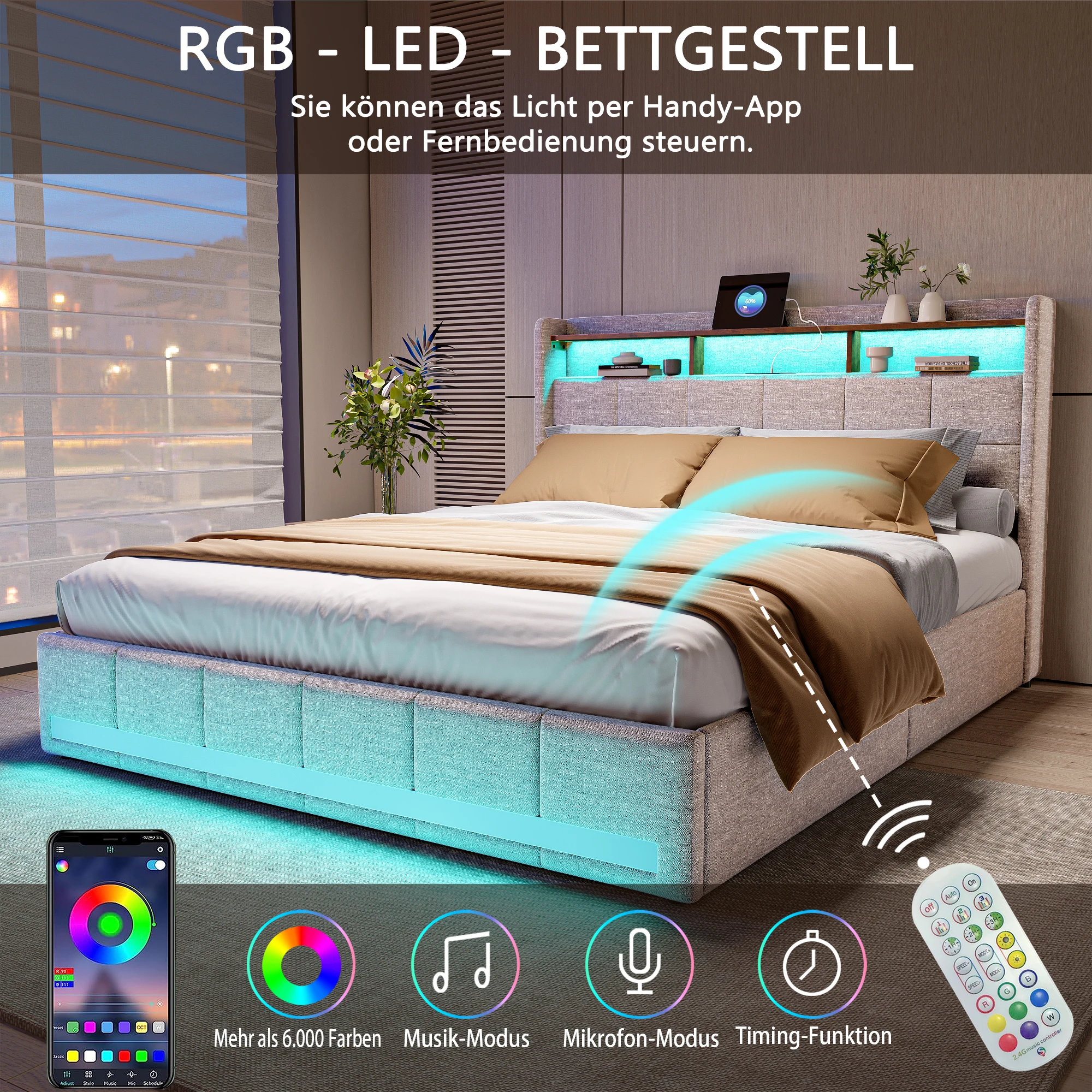 Doppelbett, 160 x 200 cm, Polsterbett mit LED-Licht und USB-Ladeanschluss, Stauraumbett mit 4 Schubladen, Leinen (grau/beige)