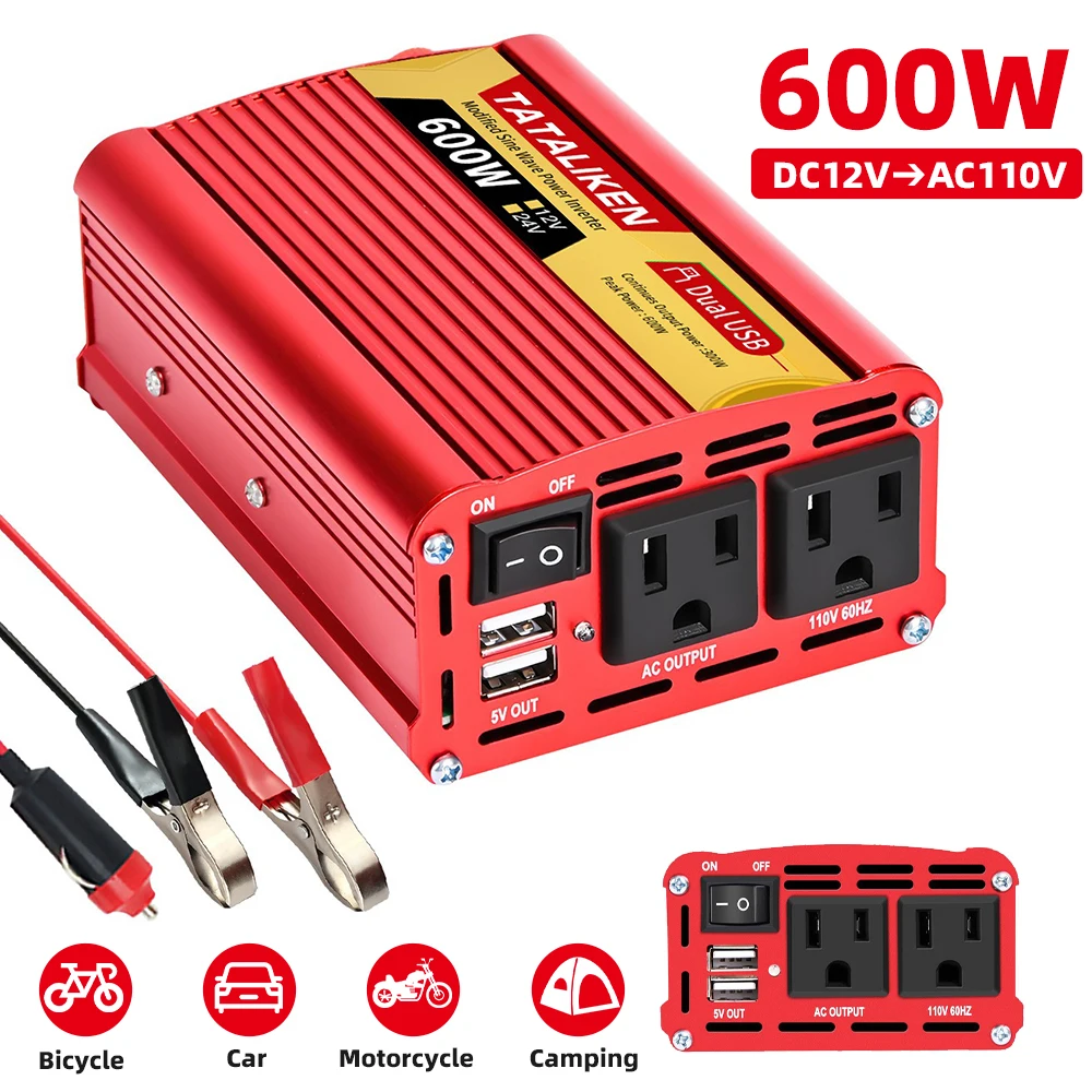 Car Vehicle Power Inverter 300W/600W DC 12V To AC 110V 120V Converter 2 USB Portable Voltage Transformer Auto Charger Converter