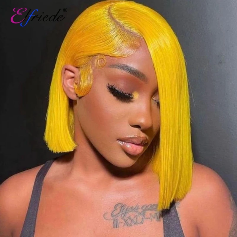 

Elfriede Yellow Bob Wig Lace Front Human Hair Wigs Straight 180% Density 13x4 Lace Frontal Short Bob Colored Hair Wigs for Women