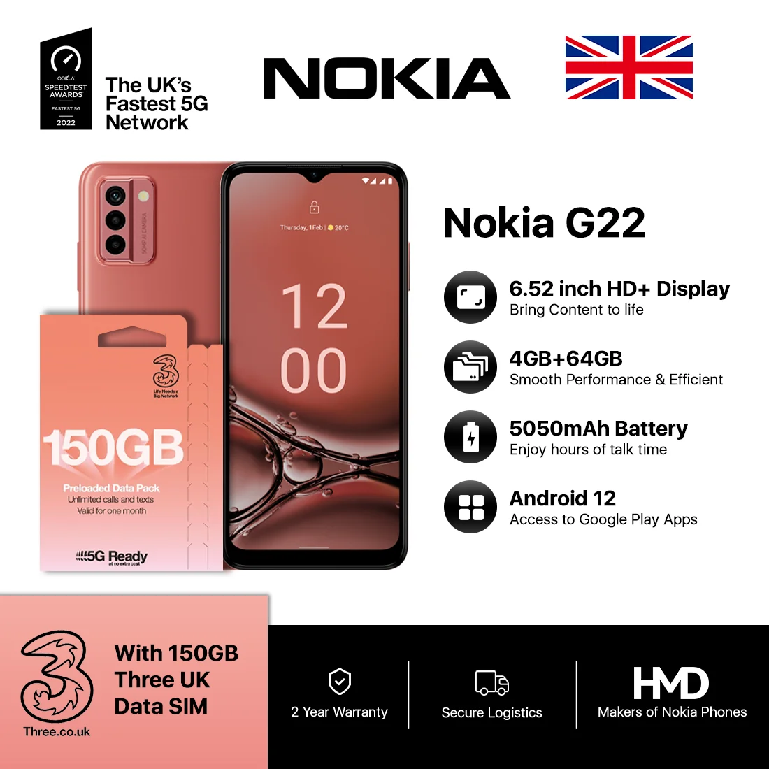 HMD Nokia G22 So Peach + Three 150GB Voice SIM bundle