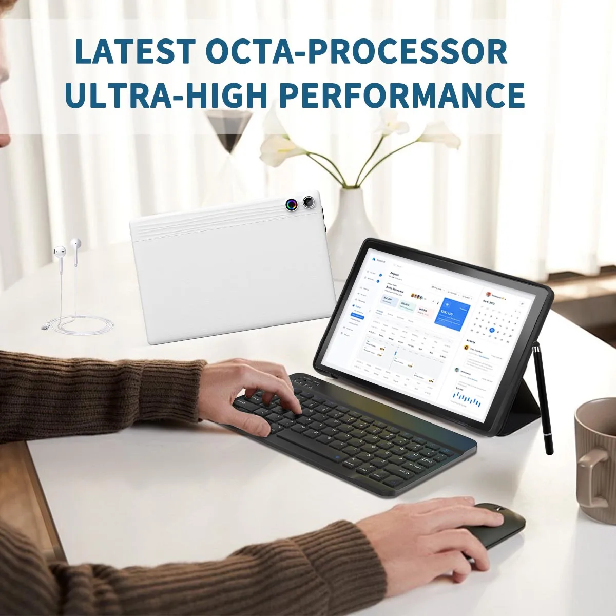 A10L Octa Core Android Tablet PC 10.1 Inch HD LCD Laptop Style Tablet Android 15 24GB(4+20 Virtual) RAM 64GB ROM 5000mAh Type‑C Complete Full Accessories Set Portable Tablet PC For Home Study Entertainment