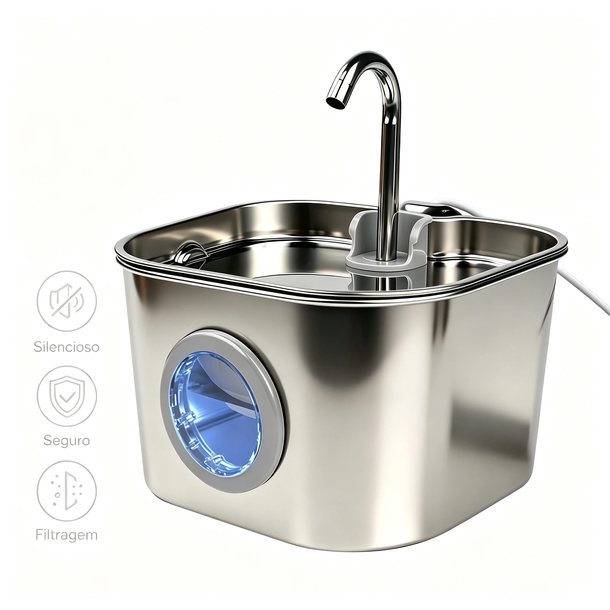 Fonte de Água Automática para Gatos de 2,2L com Filtro, Dispensador de Água para Animais de Estimação em Aço Inoxidável 304 com Janela Visual e Design de Torneira para Gatos e Cães