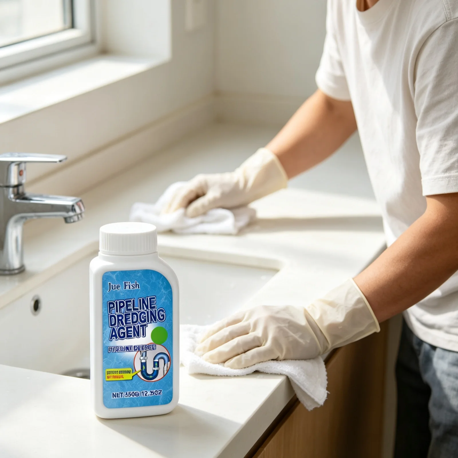 Jue Fish Pipeline Dredging Agent Fast Dissolving Stains Neutralize Odors Long Lasting Anti Clog Pipe Clog Remover Powder 350g