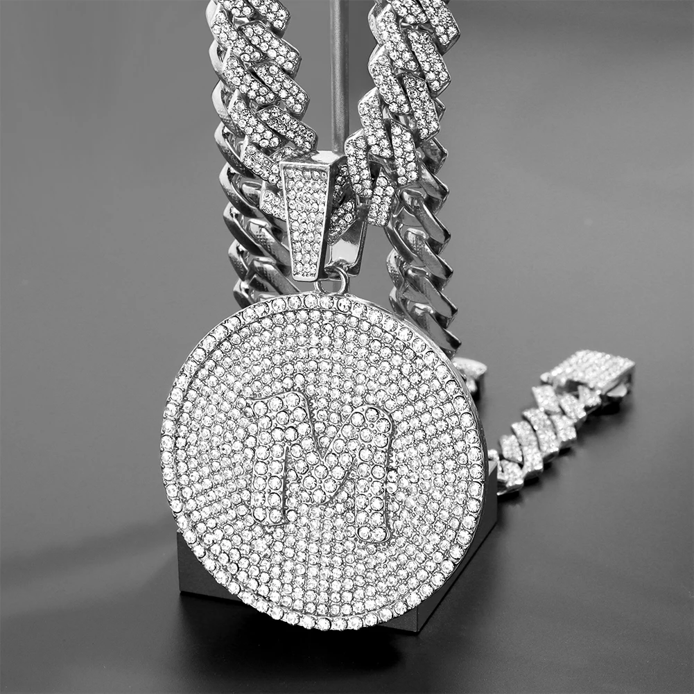 Hip-Hop Cuban Link Kette mit Rundem Buchstabenanhänger für Männer und Frauen, Vereiste Strass 14MM Miami Kette, Unisex Schmuck – Detail 8