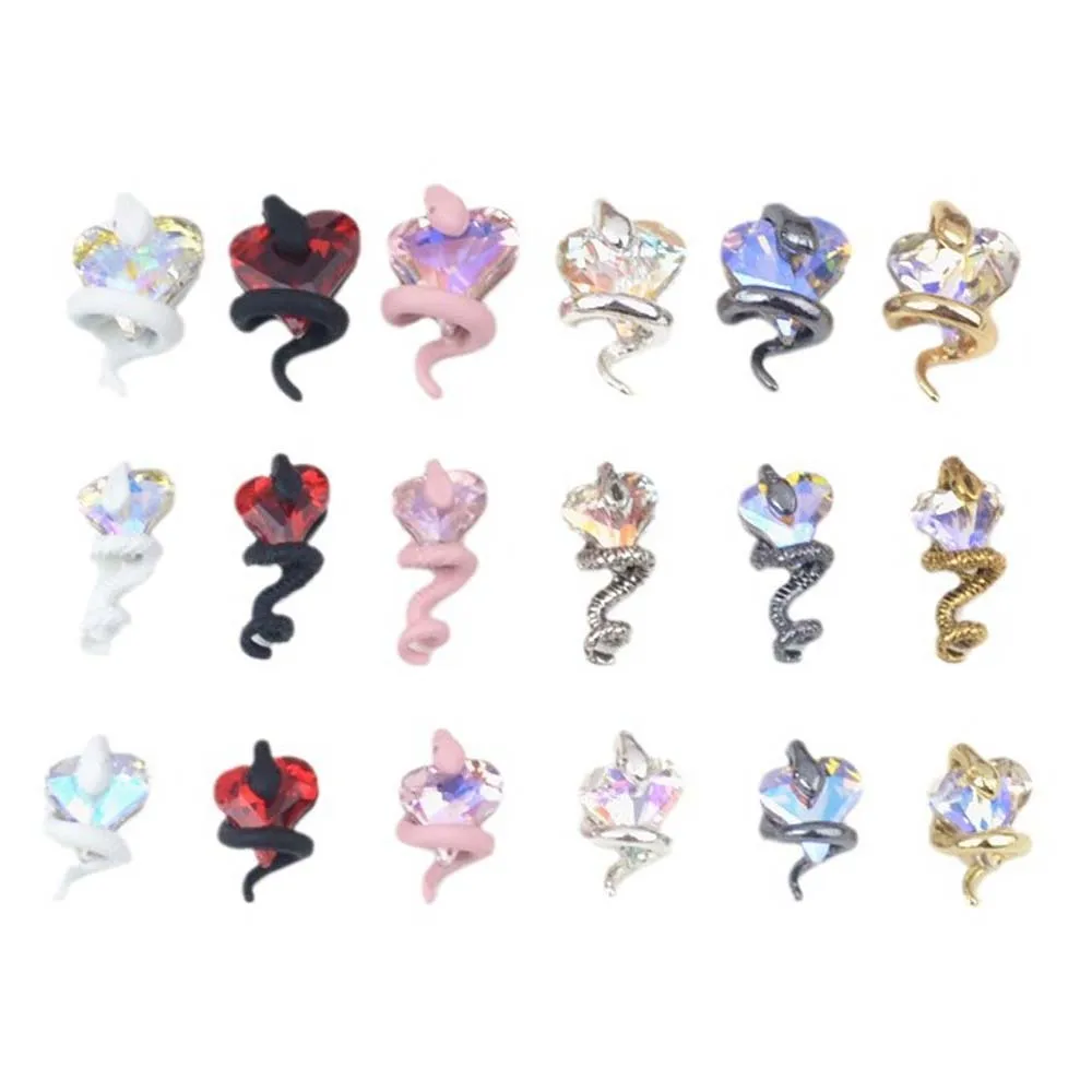 10Pcs Snake Hover Crooked Heart Nail Art Charms 3D Alloy Snake Twists Around Crystal Nail Decoration Luxury DIY Nail Accessories