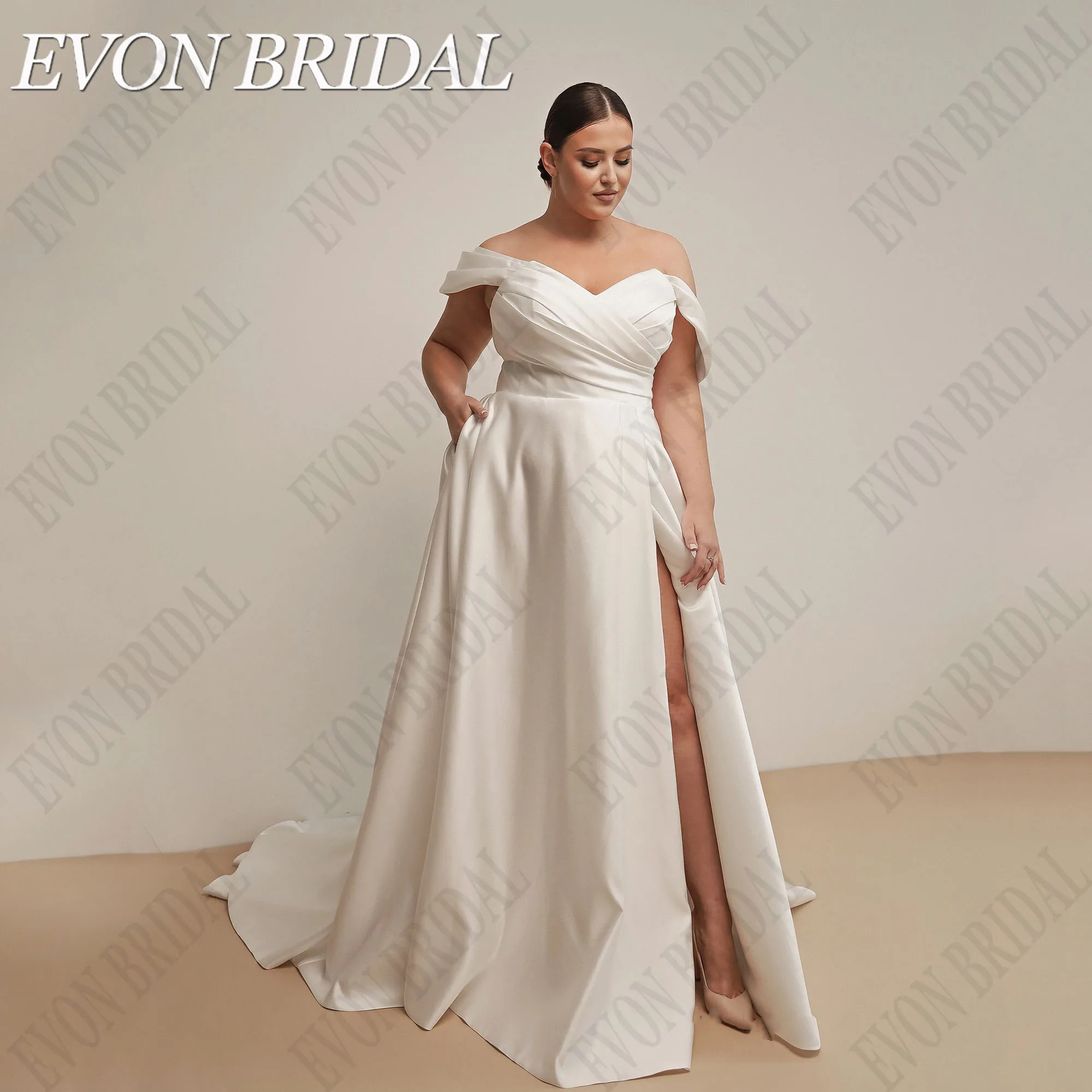 

EVON BRIDAL Oversize Off Shoulder Wedding Dress Side Split Satin A-Line vestidos de novia Simple Bride Gowns Sweep Train Custom