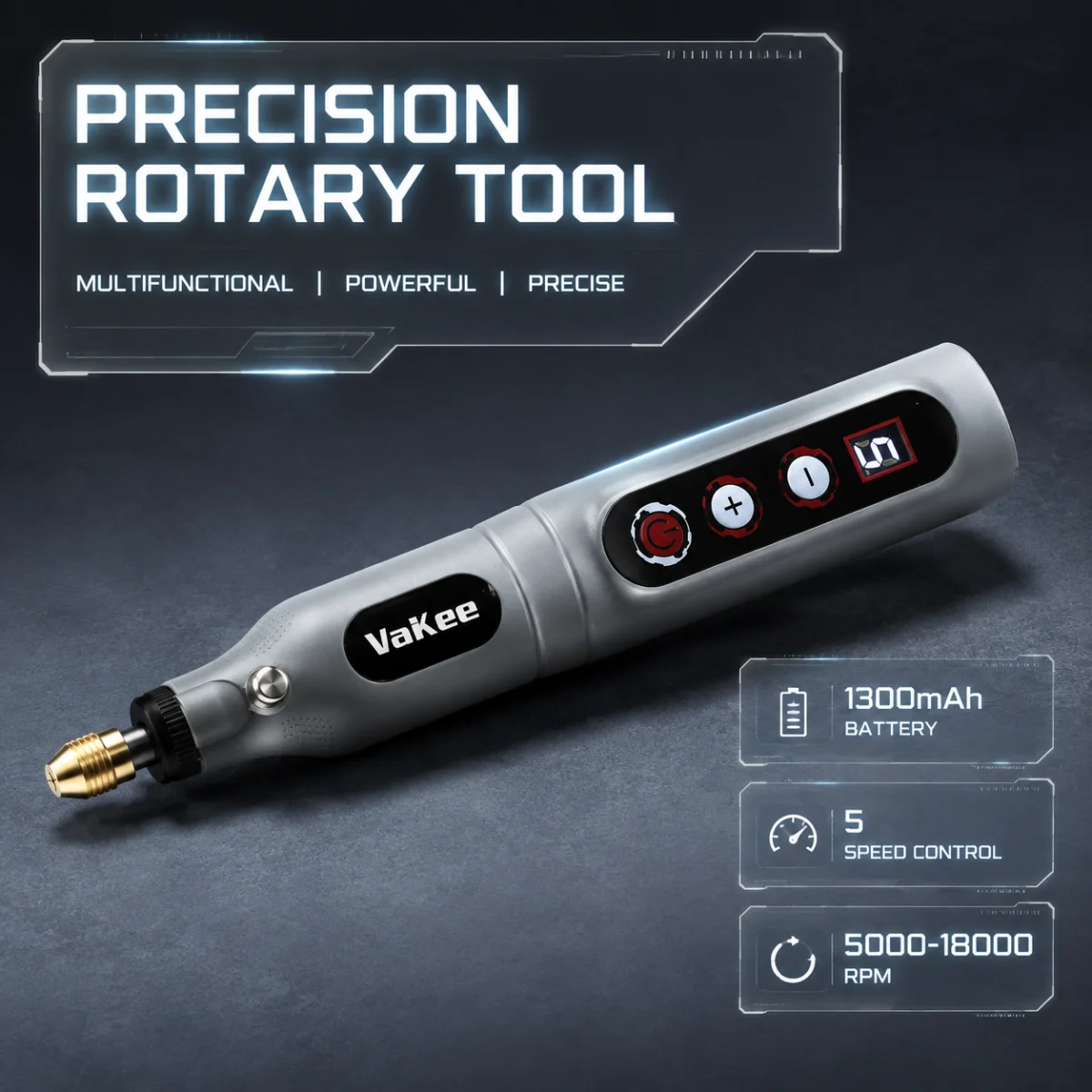 Vakee Mini Rotary Tool 5 Speed 5000‑18000RPM 1300mAh Type‑C Rechargeable 18CM Electric Grinding Engraving Pen DIY Polishin image 2