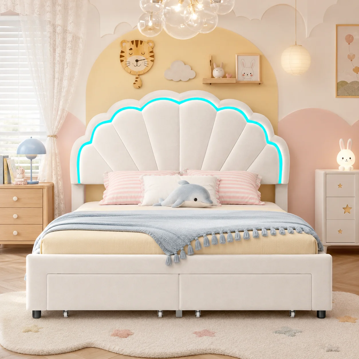 Lit Fille 90x200 avec LED, Lit enfant Rembourré 90x200 cm, lit jeune avec Tête de Lits en Forme de Pétale et tiroirs, Cadre de Lits avec sommier à Lattes pour Enfants et Adolescents, Velours, Blanc