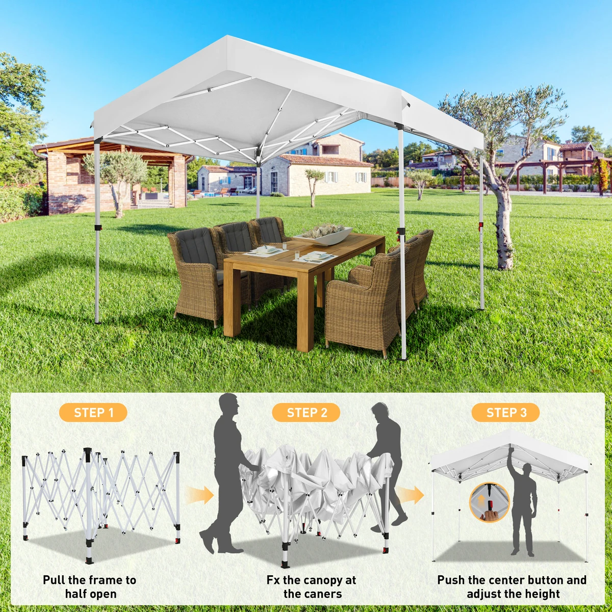 3x3M جناح قفل مركزي بزر واحد، خيمة حفلة مع لوحة جانبية واحدة، 3 ارتفاع قابل للتعديل، مرآب خارجي فوري للدراجات النارية #4