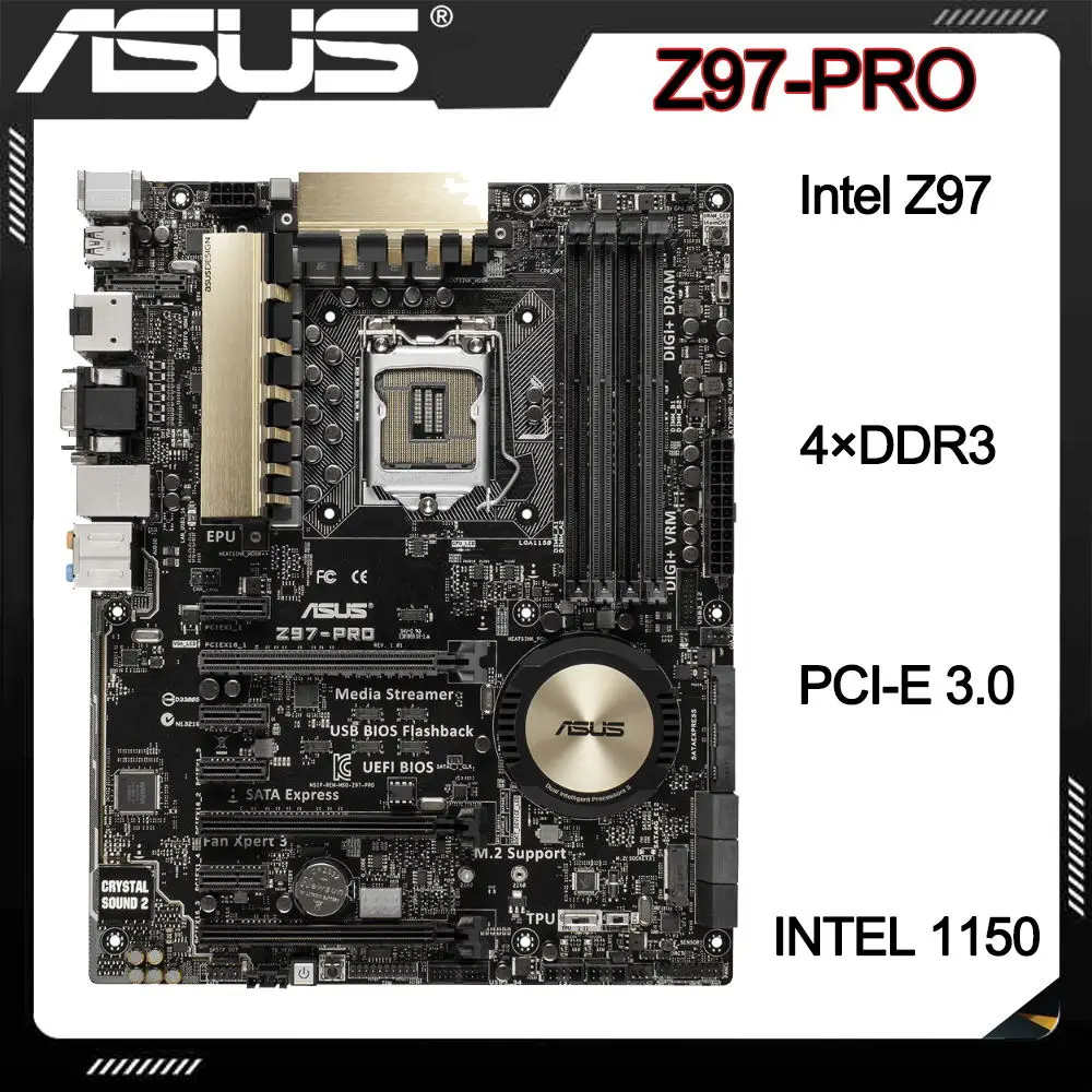 

Z97 Used Motherboard, ASUS Z97-PRO, for Core i3 4150 4170, LGA 1150 Motherboard, for i5 4570 4670 4590 4690, i7 4770 4771 4790