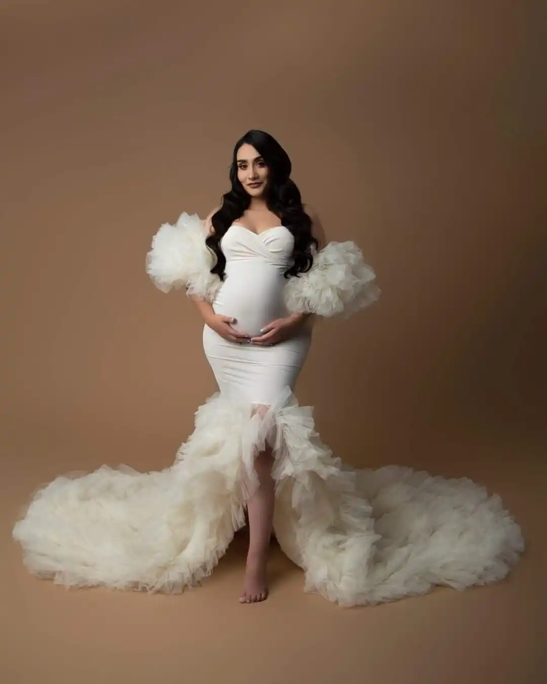 Ivory Mermaid Maternity Dresses for Photo Shoot Mixi Tulle Split Maternity Gowns Custom Made Bathrobe Sleepwear