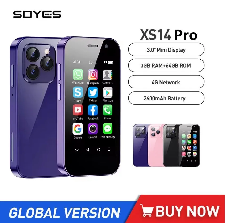 SOYES XS14 Pro Mini Smartphone Android Quad Core 3GB+64GB 3.0Inch  2600mAh Battery Face ID Type-C 4G LTE Small Mobile Phone