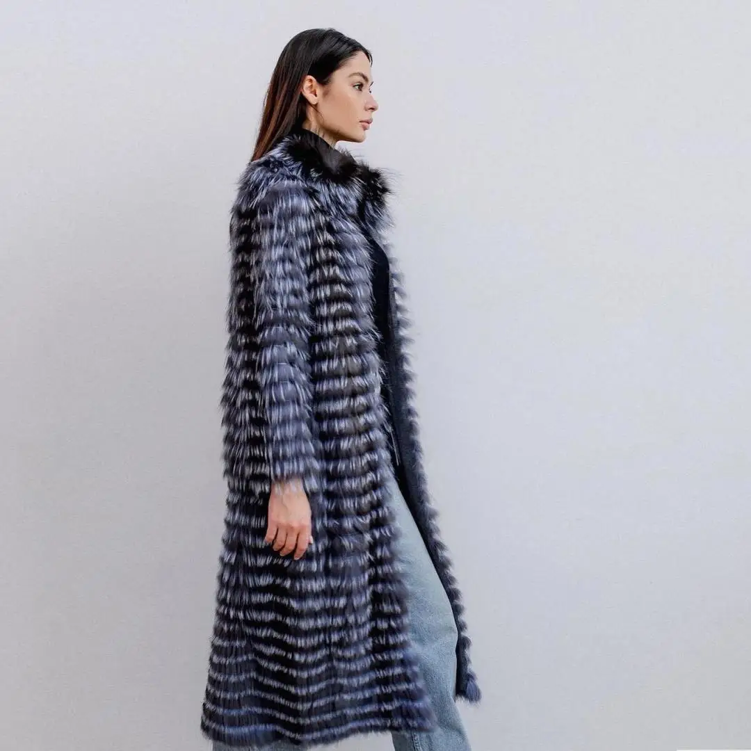 Długi płaszcz damski z prawdziwego futra lisa srebrnego, zimowa odzież wierzchnia, wysokiej jakości skóra naturalna, naturalne futro, stójka.