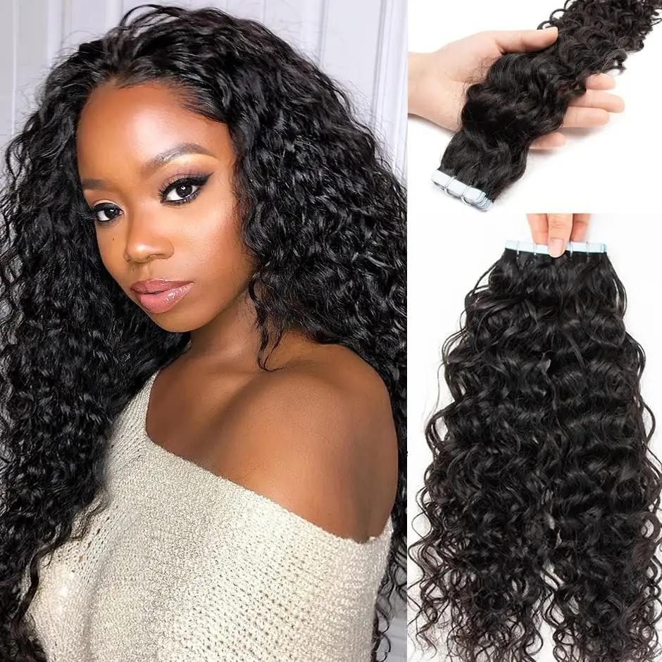 Double Side Curly Wave Tape in Hair Extension Brazilian Remy Human Hair Water Wave Adhesive Tape on Hair 18 Inch Curly Wave