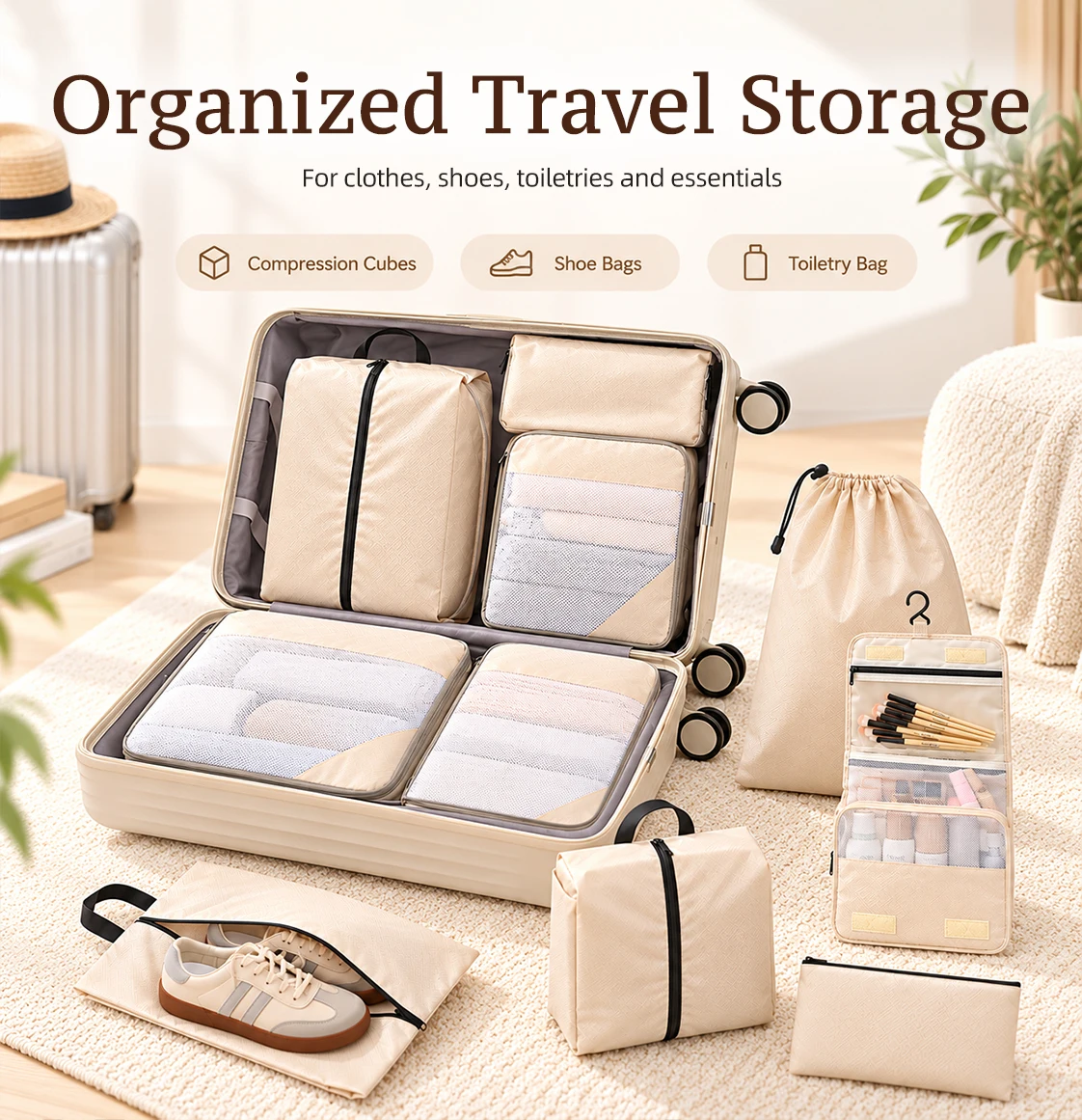 Diamond Grid Compression Packing Cubes Travel Organizer Set Luggage Bags for Clothes Shoes Toiletries Hanging Storage Pouch
