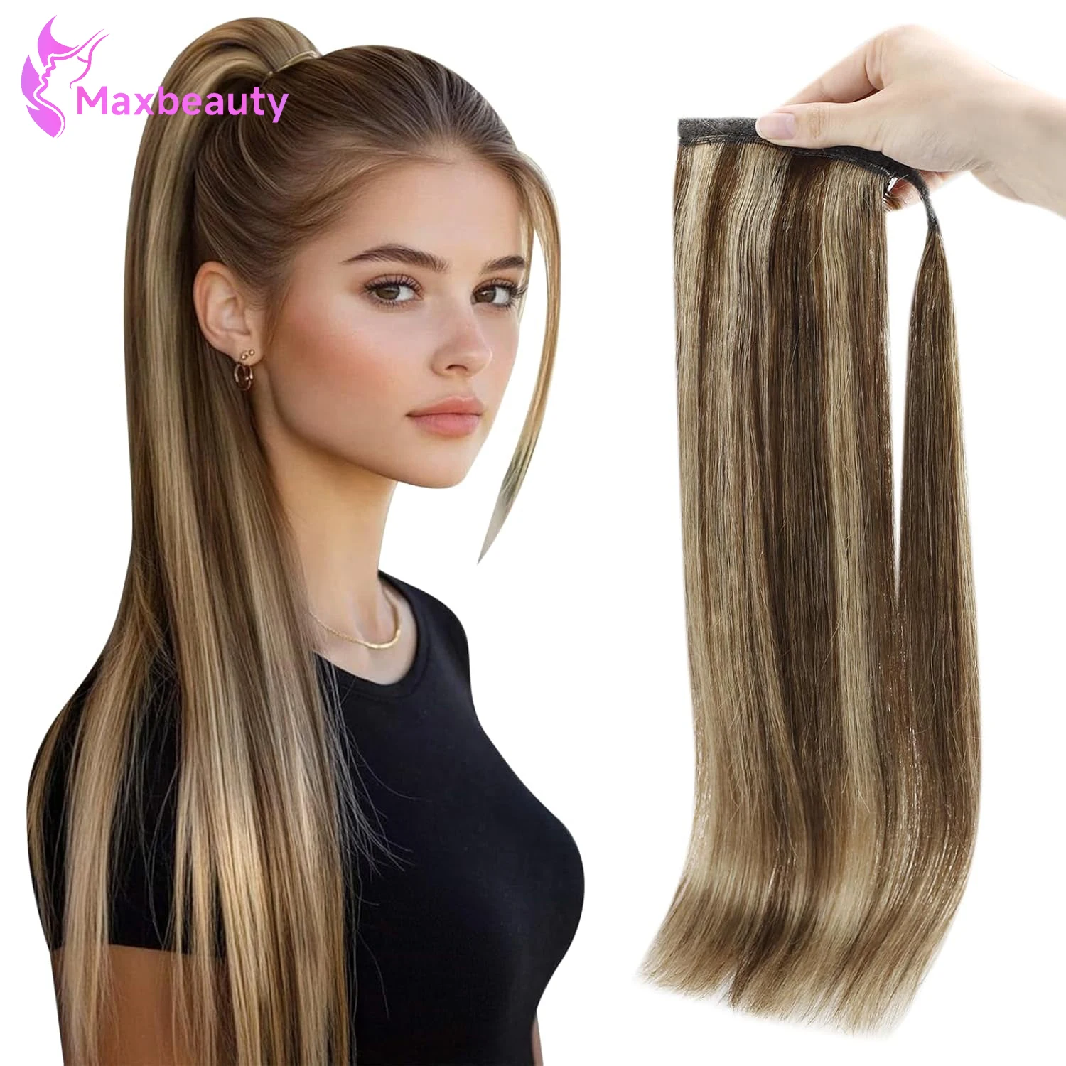 Ponytail Extension Human Hair For Women Clip In Ponytail Hair Extension Straight Hair Pieces #4/27 Color Wrap Around Ponytail