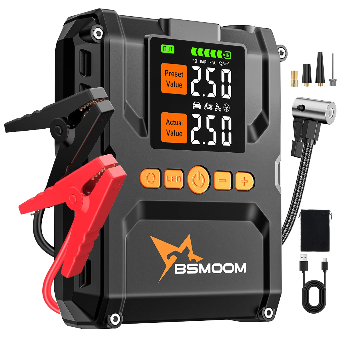 BSMOOM Jump Starter 9000A con compressore d'aria da 150 PSI – Power Bank portatile e luce LED da 500 lumen per auto a benzina e diesel