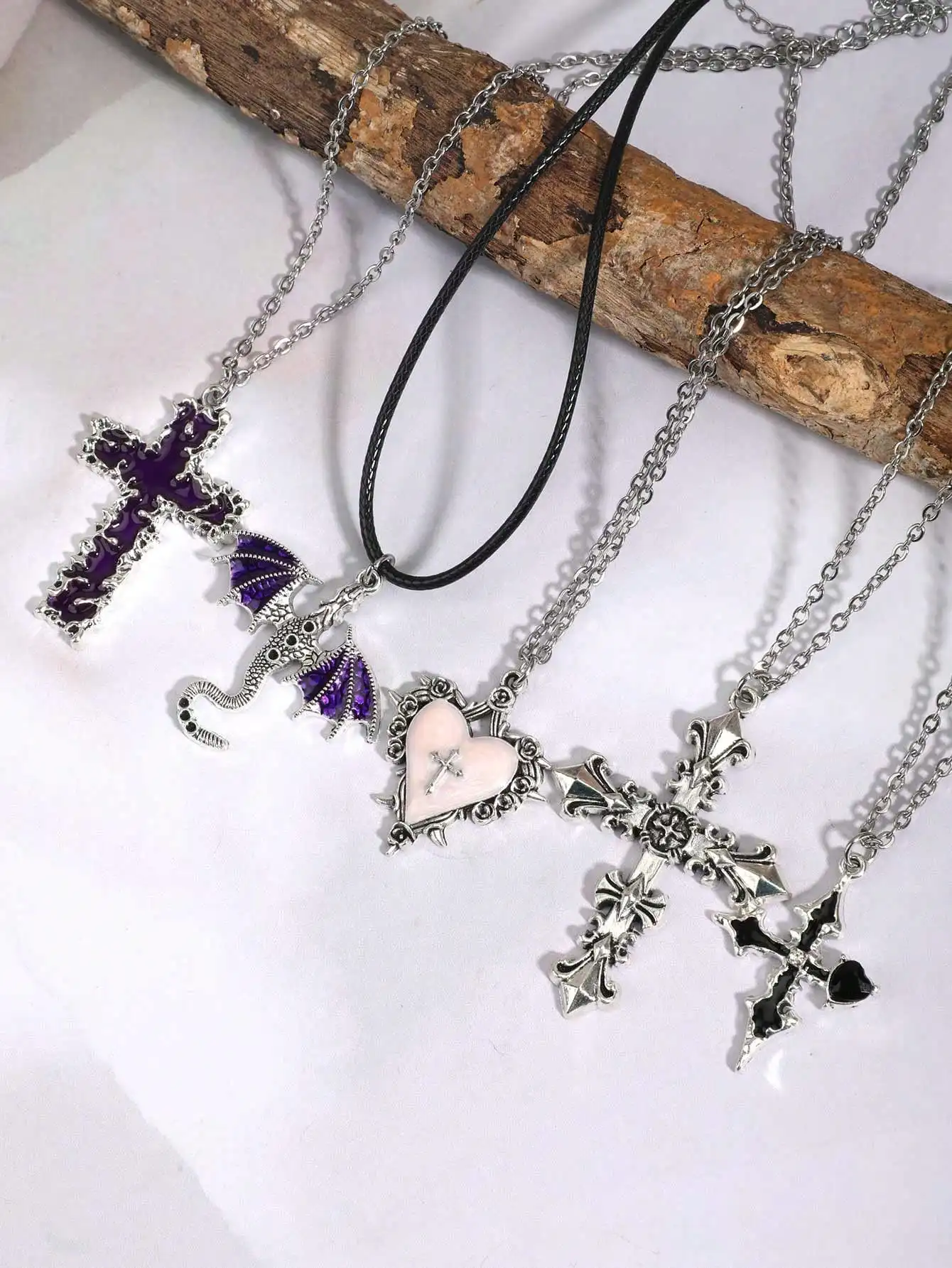 5pcs Vintage Gothic Style Cross, Heart, Rose, Angel Wing, Dragon Wing Necklace Set For Women