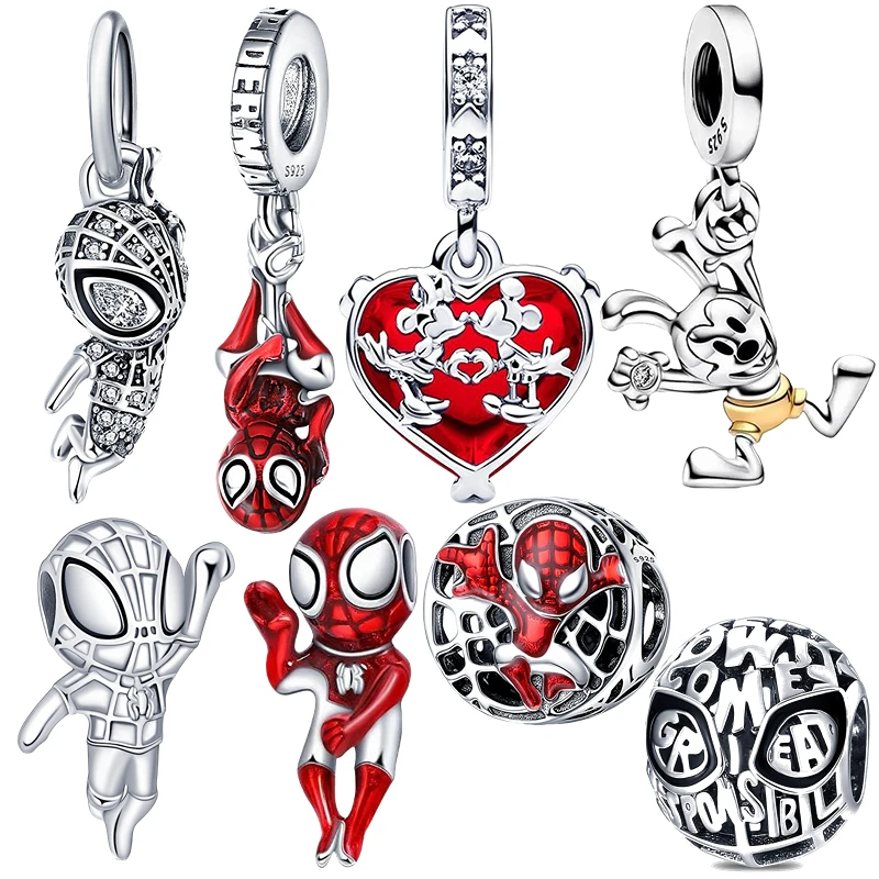 Ajuste pandora 925 pulseira original disney spiderman pingente de prata frisado charme para diy jóias femininas presente fazer