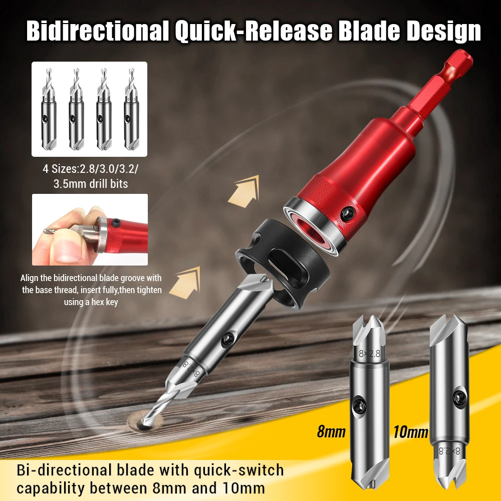 Multifunction Countersink Drill Bit Set with Adjustable Depth Stop Converts to 45 Degree Chamfer Cutter Dual Sided 8/10mm Blade