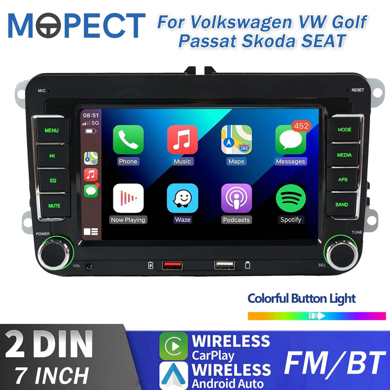 MOPECT 7-Zoll CarPlay Android Auto Autoradio für Volkswagen VW Golf Passat JETTA Skoda SEAT Bluetooth Doppel-DIN Autoradio FM