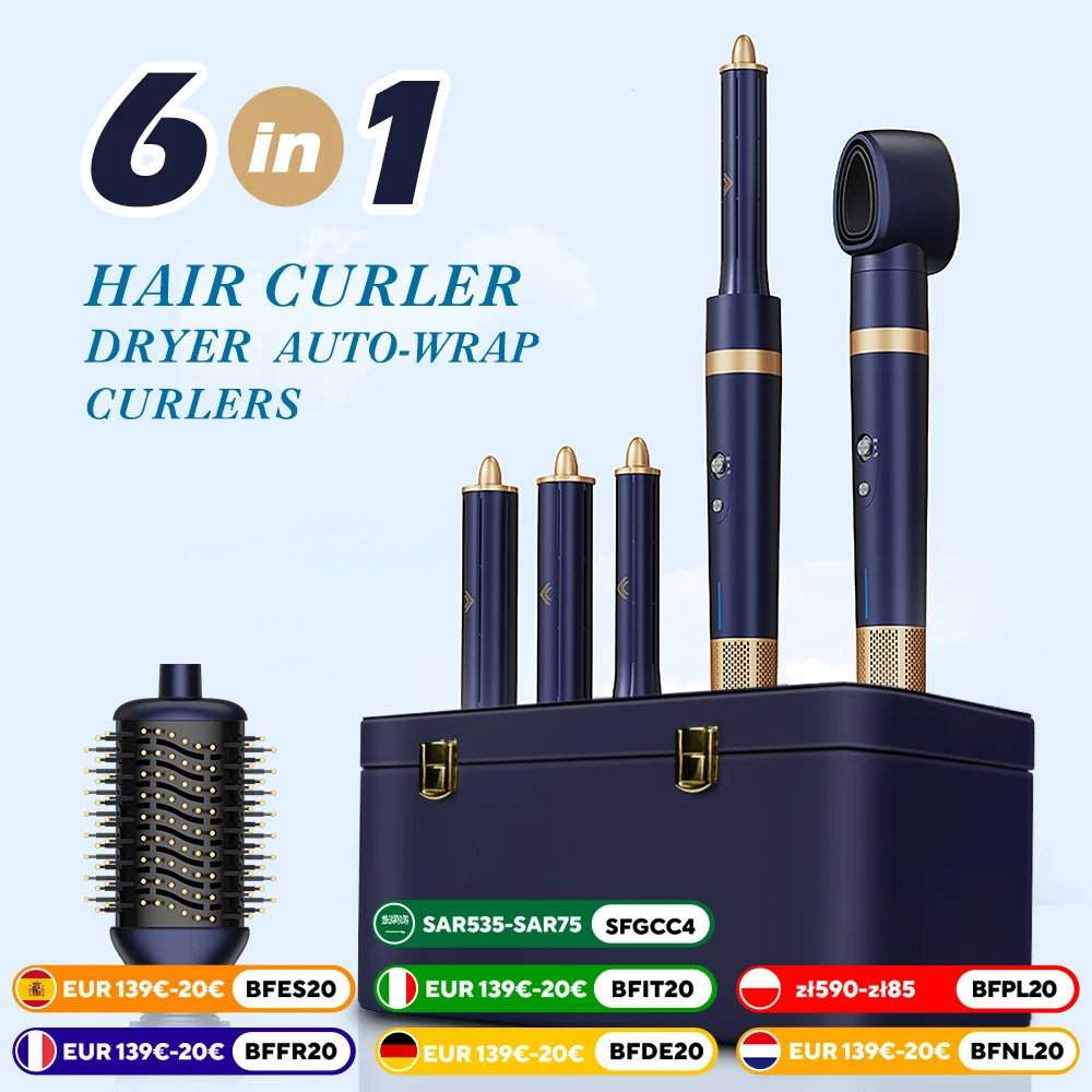 6-in-1 Negative Ion Hair Dryer Multi-Styler Waver Styler Hair Curler Auto-Wrap Curlers Hair Straighteners Blow Hair Dryer