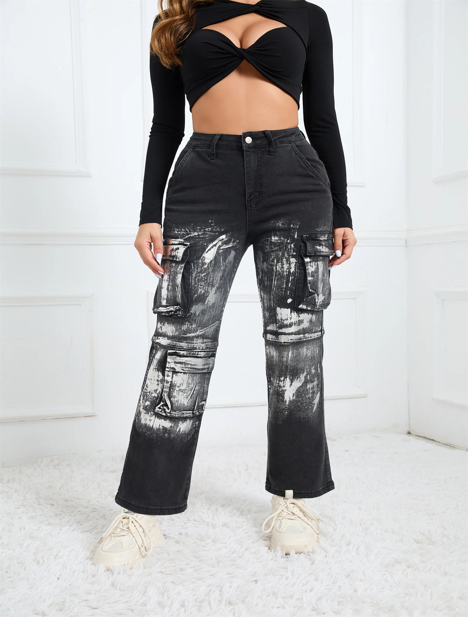 

Street style distressed tie-dye jeans, loose straight-leg floor-length trousers, multi-pocket overalls