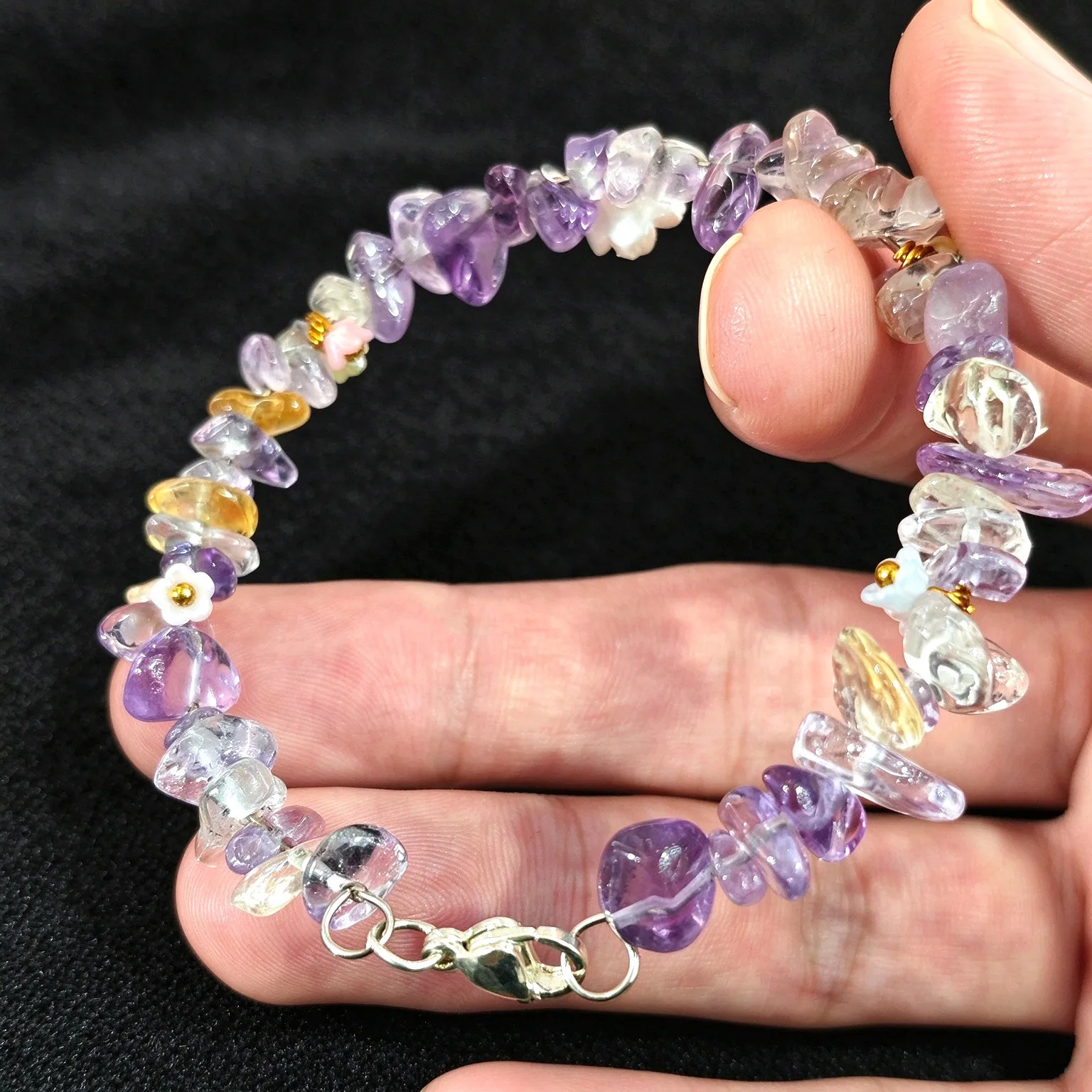 Handcrafted Amethyst Treated Citrine Chip Gemstone Bracelet Wire Wrapped Flower Clasp Wristband Non Elastic Jewelry