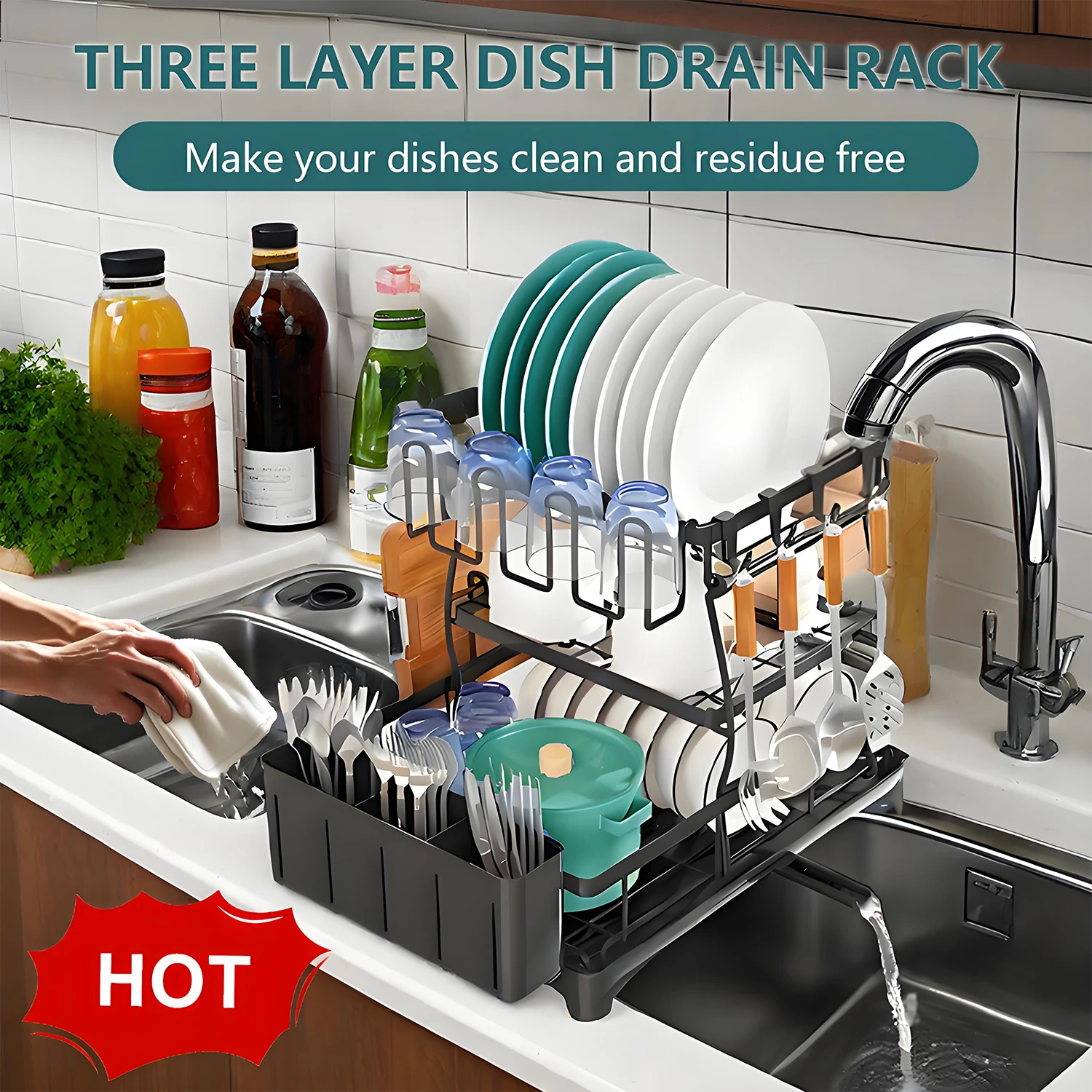 

Home Essentials Stainless Steel 3-Tier Foldable Dish Rack,Black 18.9*14.37*15.94 inch