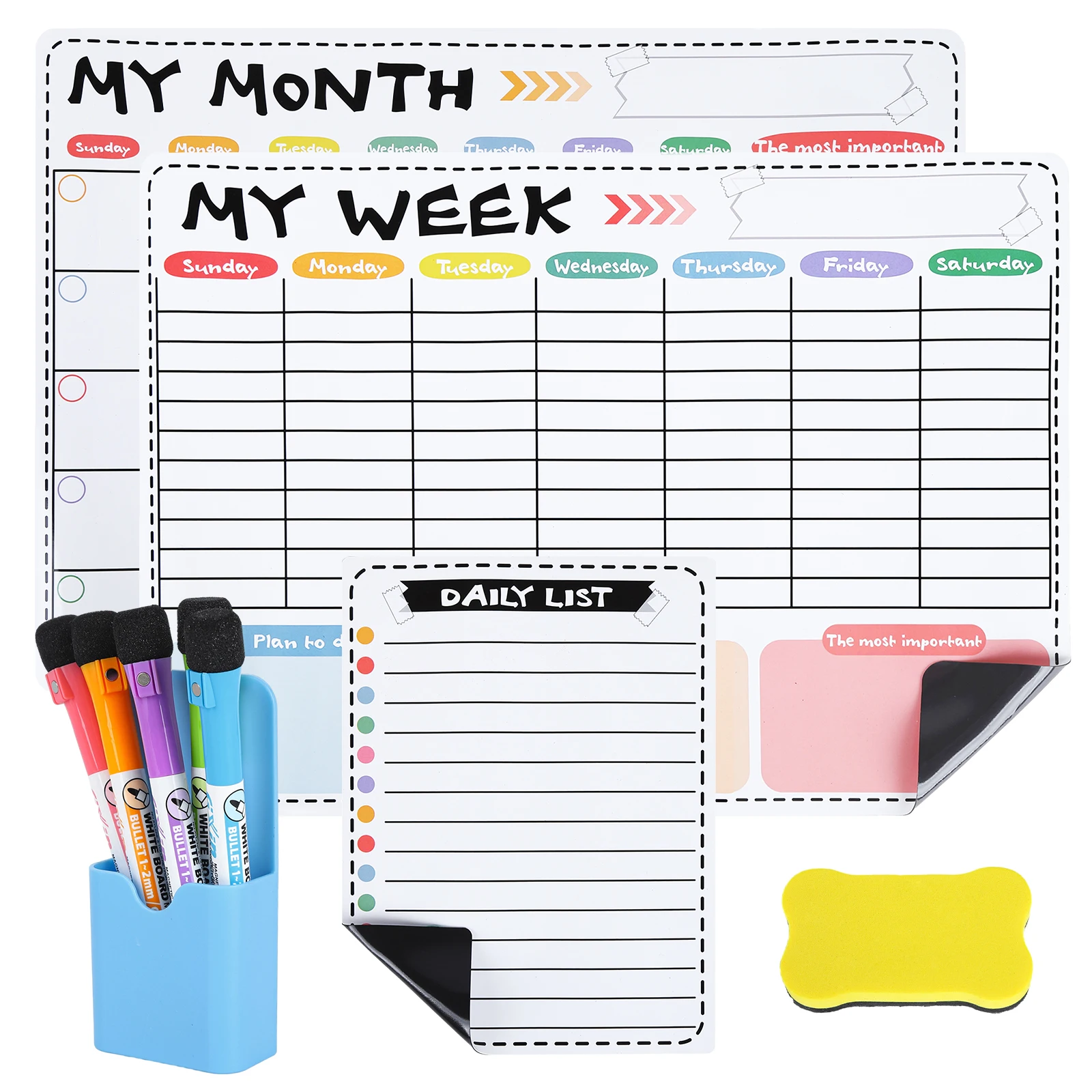 Magnetic Whiteboard Calendar Planner for Fridge, 3pcs Dry Erase Monthly Weekly Daily Planner,Meal Shopping List Family Reminders