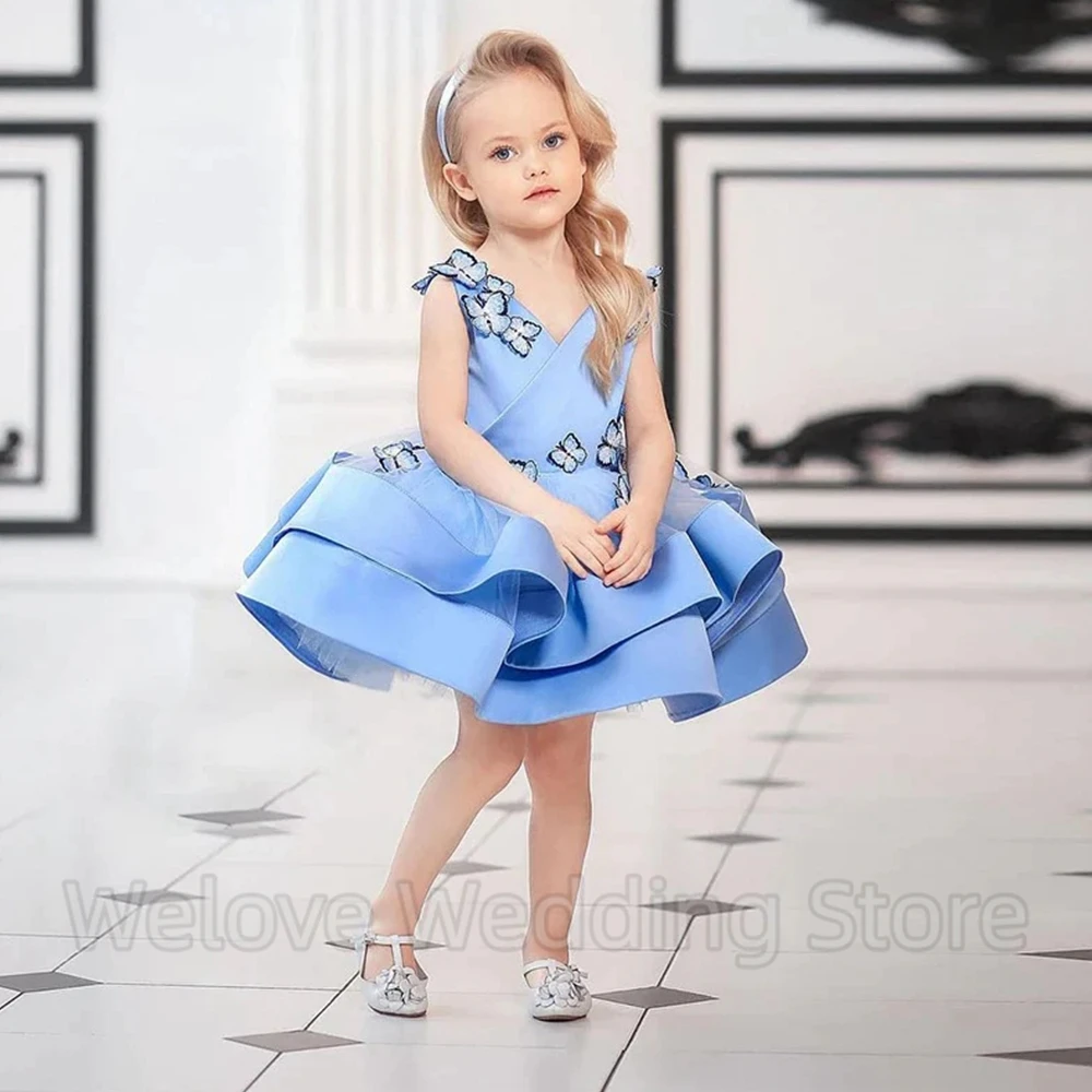 V-Neck mangas Puffy Flower Girl Dress com borboletas, Tiered Mini vestido bonito, Baby Birthday Party, Vestidos personalizados, Lindo banquete