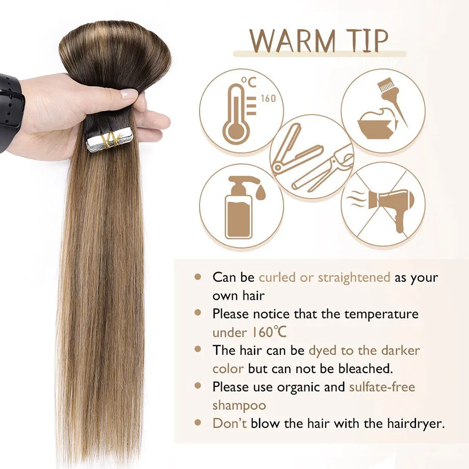 Tape in Hair Extensions Ombre Color 2/6/18 Brown Blonde Tape in Human Hair Extensions Straight Seamless Hair Extensions 50g 20pc