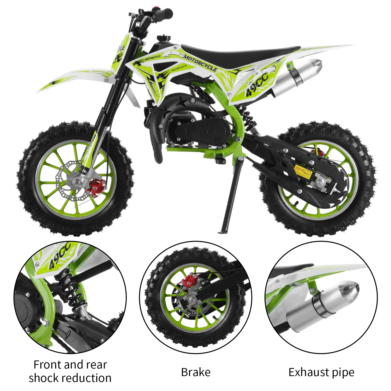 Bicicleta de cross de 2 tiempos para niños, Motocross de energía de Gas, Mini motocicleta todoterreno con frenos de disco delanteros y traseros, verde, 49CC