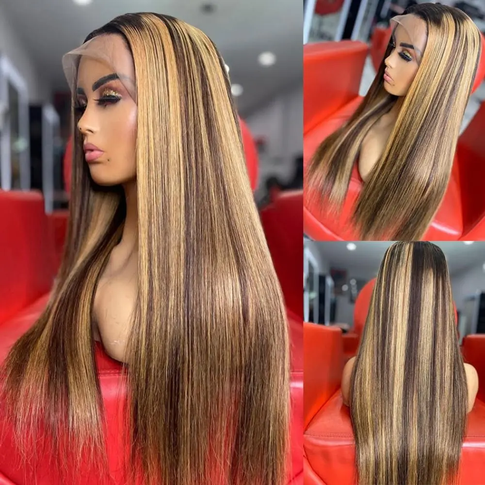 

Honey Blonde 13X4 Lace Front Wig Human Hair Highlight Straight Lace Frontal Wigs Human Hair Pre Plucked 28 Inch 180 Density