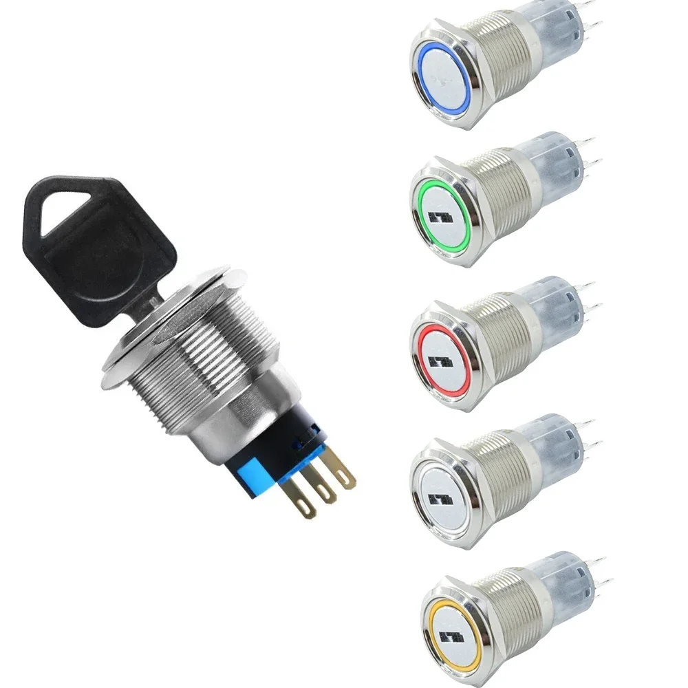 Bouton poussoir rotatif à clé métallique 16/19/22mm, bouton de verrouillage à 2/3 positions, bouton-pression rotatif, rotation de la lumière LED IP65