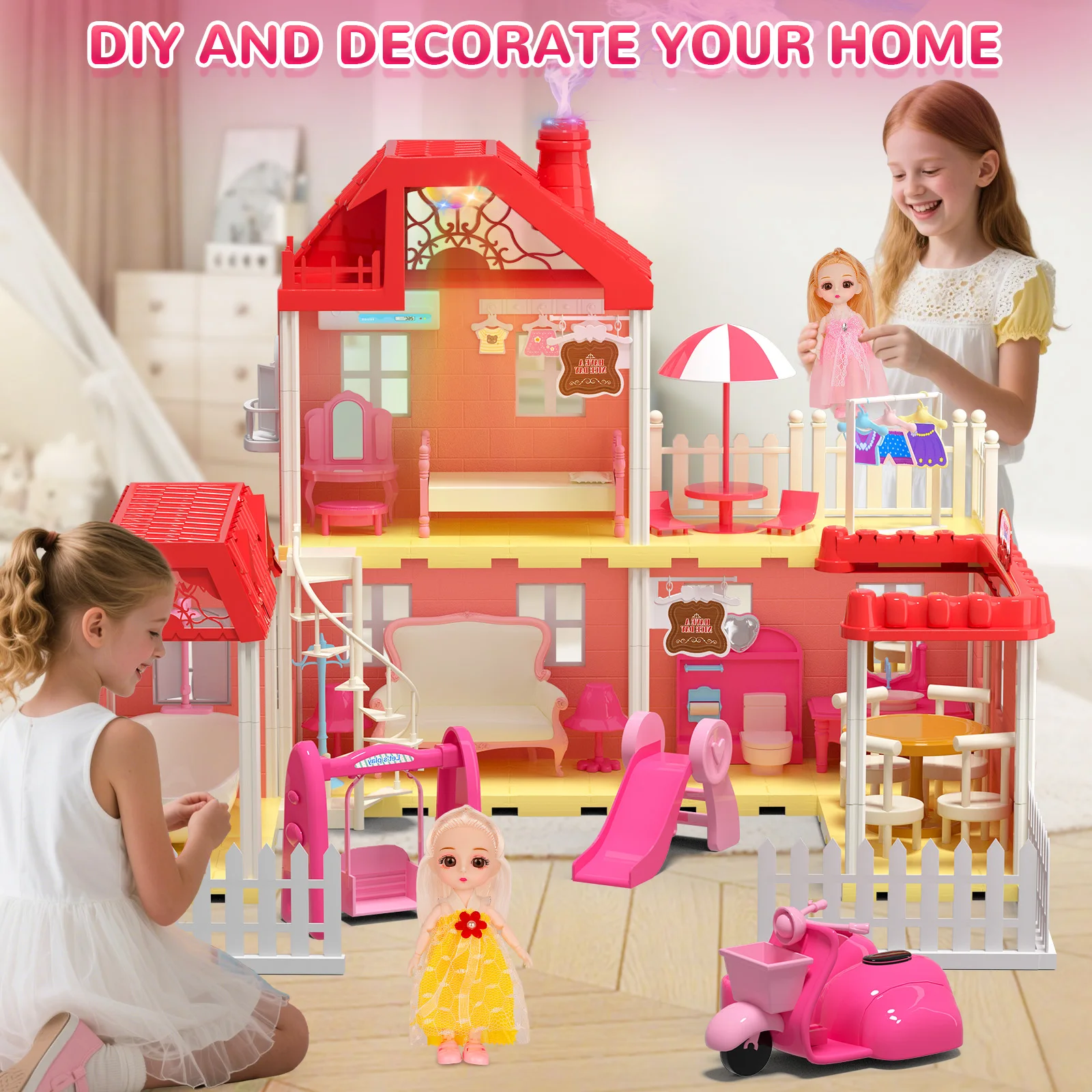 Lindo juego de casa de muñecas rosa para niñas, juguetes de castillo de lujo con muñecas, muebles, casa de juegos de juguete de princesa para niños, Festival infantil P