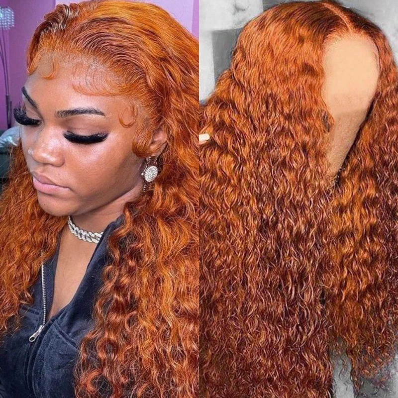 200 Density #350 Orange Ginger 13x6 Transparent Deep Water Wave Lace Frontal Human Hair Wig 30 32 Inch 13x4 Lace Front Wigs