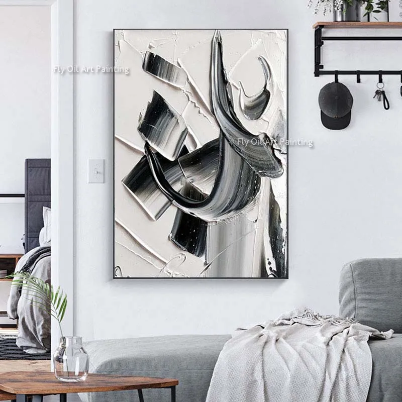 Palette Knife Abstract Painting Black And Wahite Abstract Thick Oil Canvas Painting Handmade Textured Minimalist Wall Art Decor