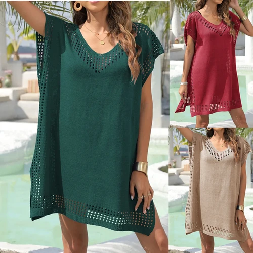 2025 Vestido de playa para traje de baño para mujer, ropa de playa dividida, pareo de Bikini, vestidos para el sol, nuevo saida de praia feminino, verde y rojo