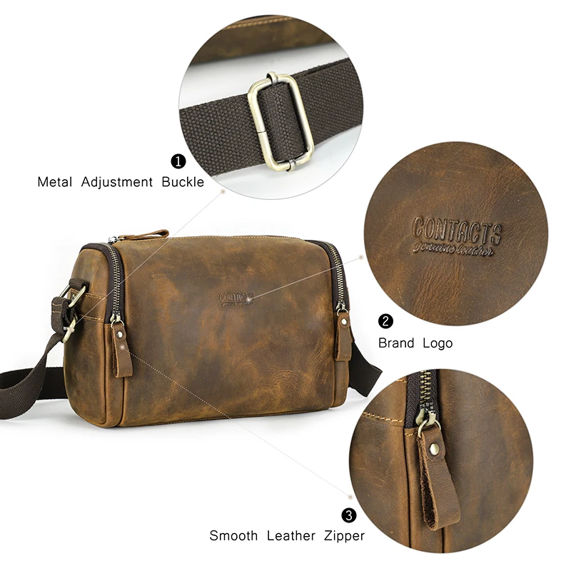 Crazy Horse Leather Men Handbag Designer Vintage Crossbody Bag Small Strap Sling Shoulder Bag Luxury Brand Messenger Bags New