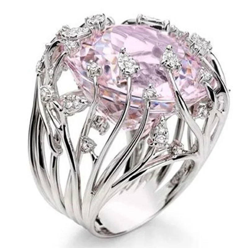 Neue 925 Sterling Silber Ring Intarsien Rosa Kristall Zirkon Übertrieben Ring Für Frau Hochzeit