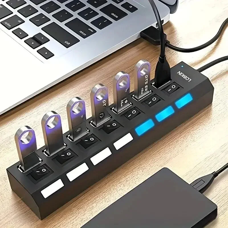 Alta Velocidade USB Hub 2.0 Adaptador, Expansor, Multi USB Splitter, Extensor Múltiplo, Lâmpada LED