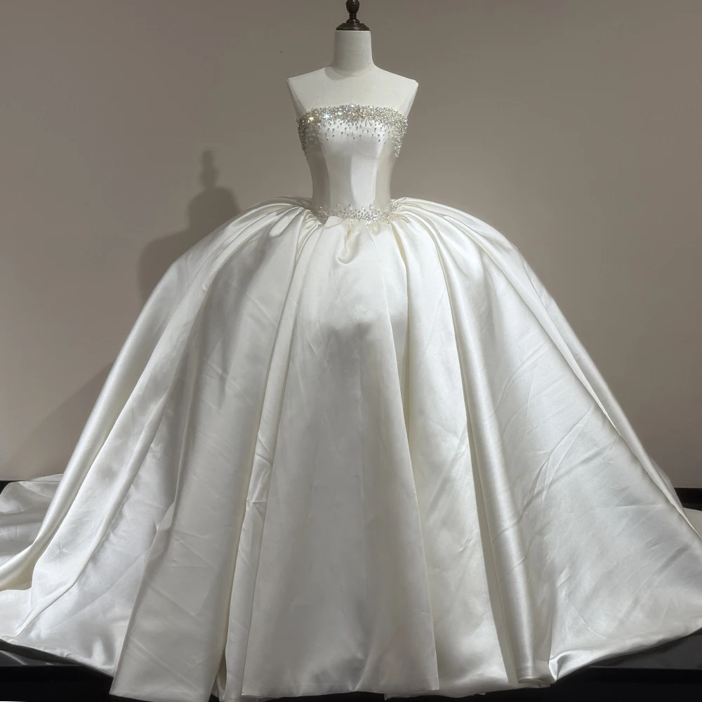 Minimalist Wedding Dress Korea Beading Crystal Ball Gown Satin Strapless Customized Bridal Wedding Gown