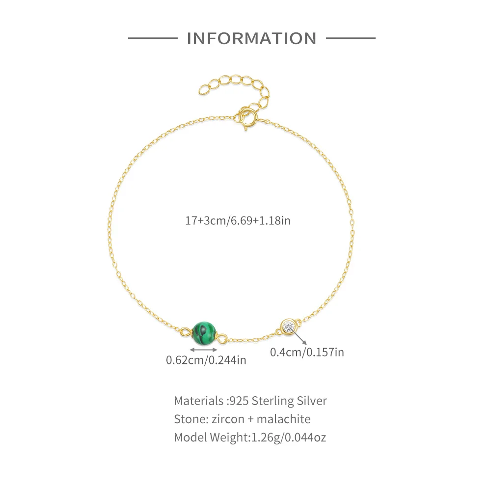 Aide 925 Sterling Silver Turquoise Malachite With Circle Zircon Bracelet For Women 18K Gold PlatedSimple Jewelry Gifts