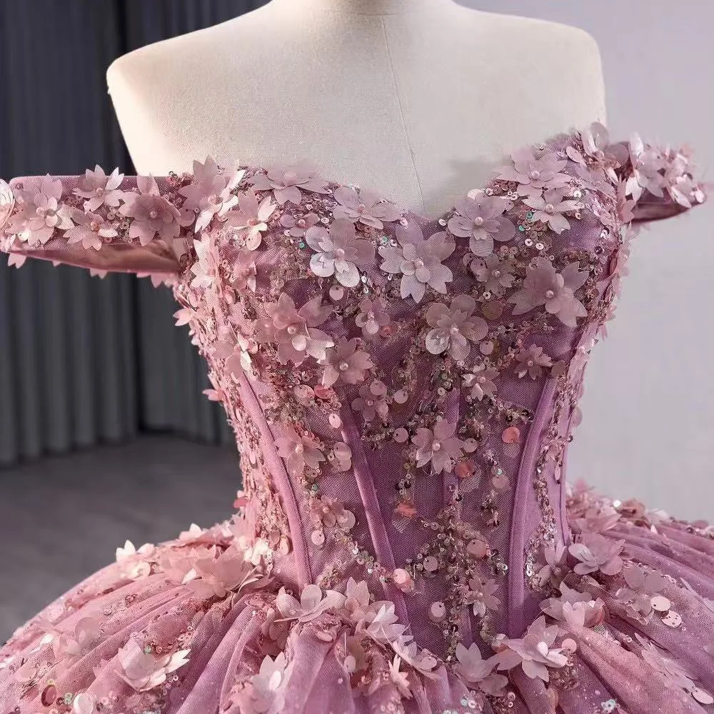 Vestidos De 15 con hombros descubiertos, apliques De novia con lentejuelas y cordones en la espalda, Vestidos morados para fiesta De lujo